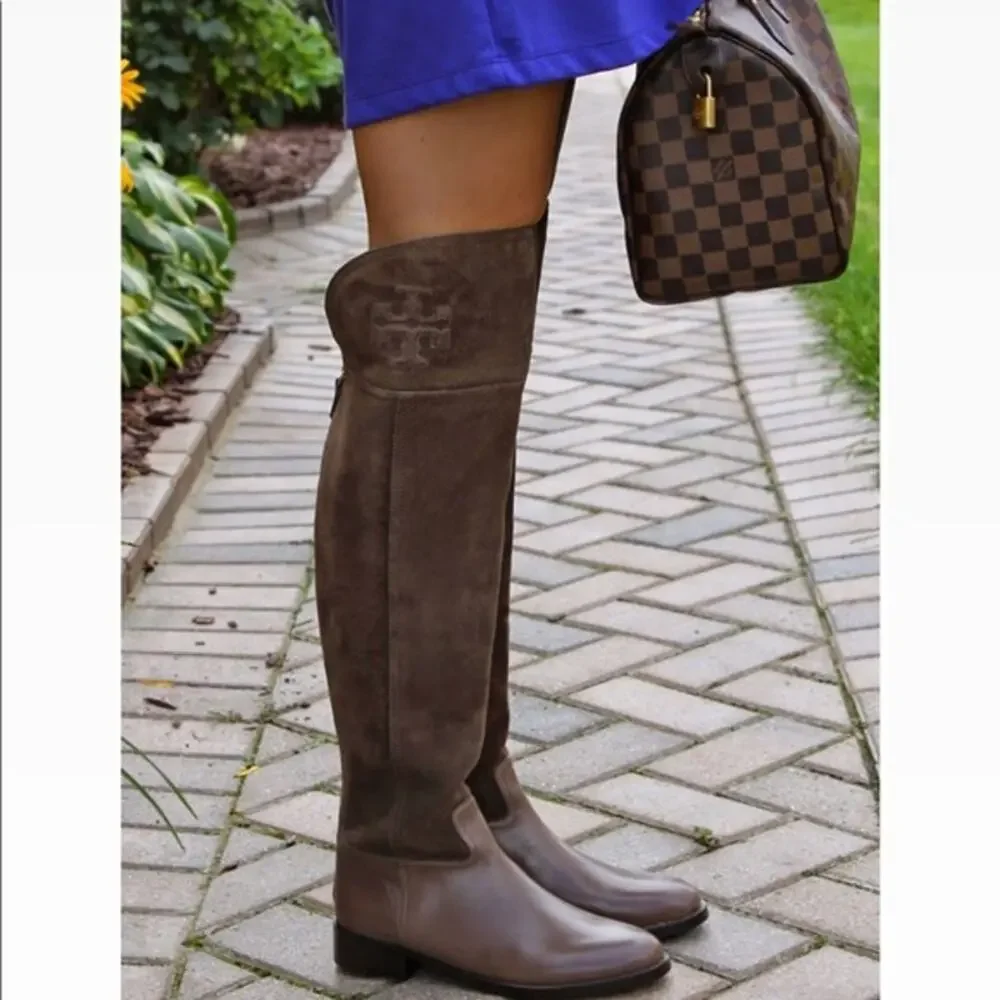 Tory Burch Brown Suede Leather Simone Over The Knee Round Toe Riding Boots Siz 6
